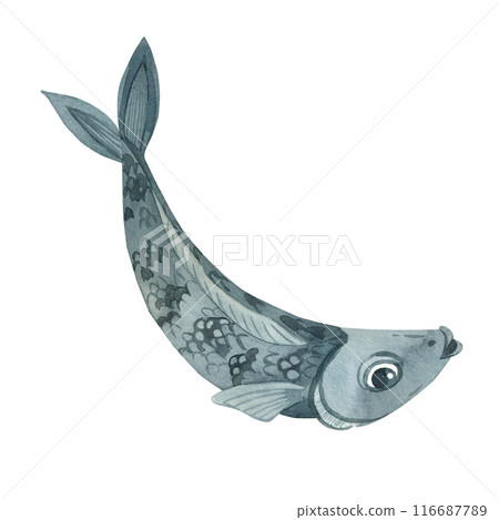 A small blue fish with shiny scales, hand-painted in watercolor. The fish jumps out of the water. Watercolor illustration. Suitable for stickers, printing, scrapbooking and design. 116687789