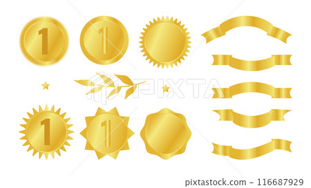 Award medal ribbon crown rank design elements. Set different golden shapes. For presentations of projects and website advertising. Vector illustration. 116687929