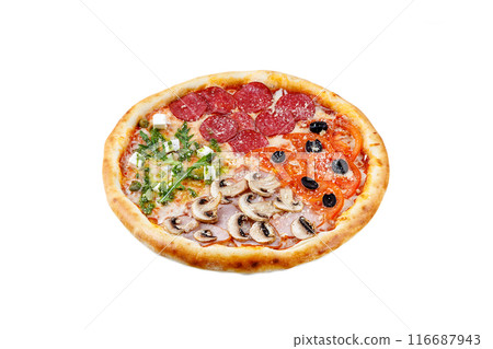 Delicious italian pizza with meat, vegetables cheese 4 seasons isolated on white background 116687943
