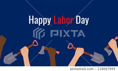 Labor Day USA. First Monday of September. Colors national flag. Hands holding the instrument. Concept holiday. Design poster banner. Postcard invitation template. Vector. .. Labor Day USA. First Monday of September. Colors national flag. Hands holding the instrument. Concept holiday. Design poster banner. Postcard invitation template. Vector. .. 116687944