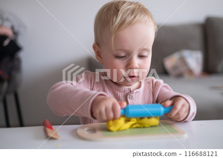 smiling little toddler working with plasticine in art and craft  116688121