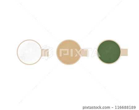 A set of hand-drawn watercolor style illustrations of milk, cafe au lait and matcha latte in cups seen from directly above 116688189