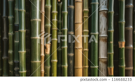 Close-up of dense bamboo forest, showcasing natural textures and patterns of green bamboo stalks. Close-up of dense bamboo forest, showcasing natural textures and patterns of green bamboo stalks. 116688233