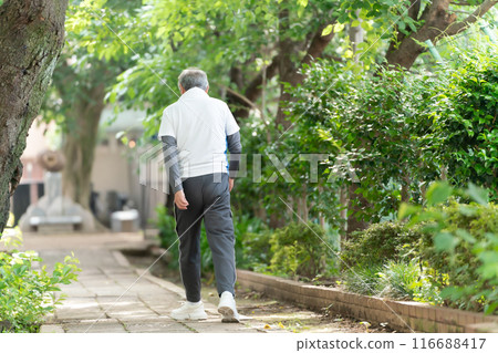 Senior man jogging, back view 116688417