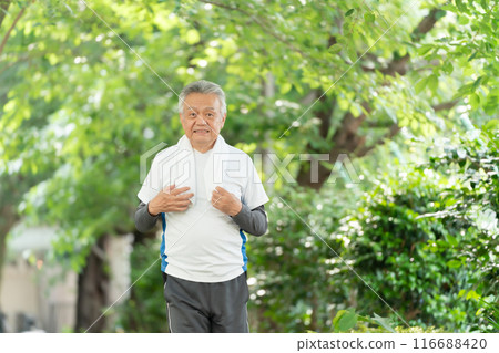 Senior man jogging, fresh greenery 116688420