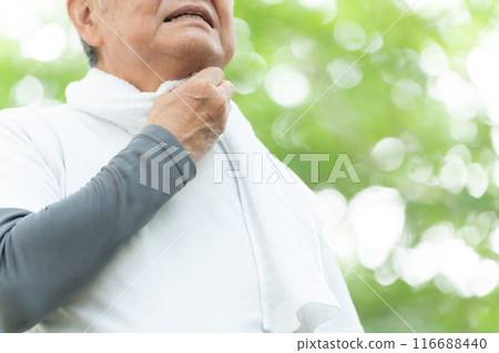 Senior man jogging, fresh greenery 116688440