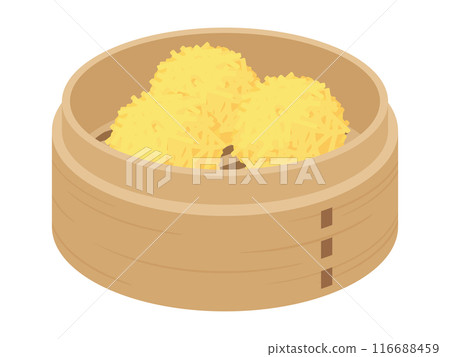 Illustration of shredded shumai in a bamboo steamer. Shredded egg dim sum 116688459