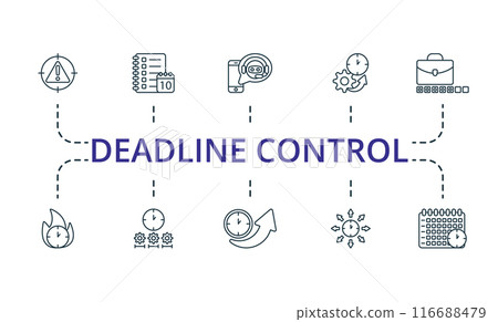 Deadline Control thin line icon set. Monochrome simple Deadline Control icon collection. Time Log, Irritation List, Time Control, To Do List, Stress Management, Deadline, Timing, Gain Time 116688479