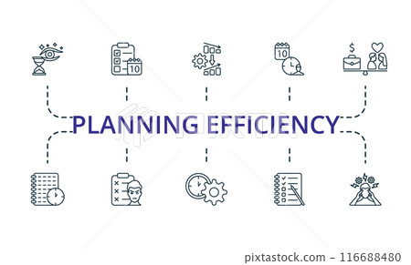 Planning Efficiency thin line icon set. Monochrome simple Planning Efficiency icon collection. Anticipation, Agenda, Crisis Management, Appointment, Work-Life Balance, Time Log, Irritation List, Time 116688480