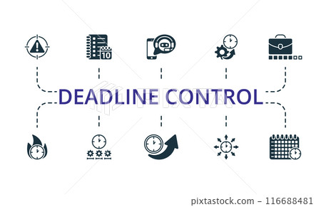 Deadline Control icon set. Monochrome simple Deadline Control icon collection. Time Log, Irritation List, Time Control, To Do List, Stress Management, Deadline, Timing, Gain Time, Distribution Icon 116688481