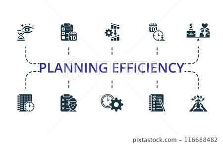 Planning Efficiency icon set. Monochrome simple Planning Efficiency icon collection. Anticipation, Agenda, Crisis Management, Appointment, Work-Life Balance, Time Log, Irritation List, Time Control 116688482
