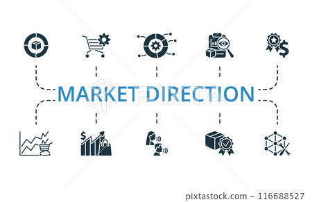 Market Direction icon set. Monochrome simple Market Direction icon collection. Monitoring System, Production Priorities, System Integration, Focus On User, Launch Optimization, Market Trends, Sales 116688527