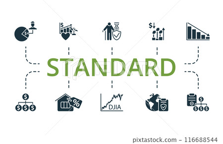 Standard icon set. Monochrome simple Standard icon collection. Externalities, European Central, Enterprise Value, Earnings Per Share, Ebitda, Derivatives, Discount Mortgage, Dow Jones Index, Global 116688544