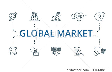 Global Market thin line icon set. Monochrome simple Global Market icon collection. Distributor, Foreign Branch, Hard Currency, Industrial Goods, Market Potential, Swot Analysis, Protective Tariffs 116688590
