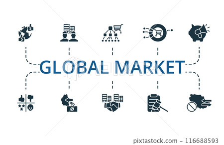 Global Market icon set. Monochrome simple Global Market icon collection. Distributor, Foreign Branch, Hard Currency, Industrial Goods, Market Potential, Swot Analysis, Protective Tariffs, Strategic Global Market icon set. Monochrome simple Global Market icon collection. Distributor, Foreign Branch, Hard Currency, Industrial Goods, Market Potential, Swot Analysis, Protective Tariffs, Strategic 116688593