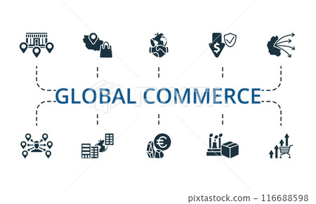 Global Commerce icon set. Monochrome simple Global Commerce icon collection. Franchising, Free Trade Zone, Global Engagement, Cost Insurance, Direct Exporting, Distributor, Foreign Branch, Hard Global Commerce icon set. Monochrome simple Global Commerce icon collection. Franchising, Free Trade Zone, Global Engagement, Cost Insurance, Direct Exporting, Distributor, Foreign Branch, Hard 116688598