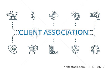 Client Association thin line icon set. Monochrome simple Client Association icon collection. Opinion, Solution, Satisfaction, Service, Presentation, Call Management, Order Management, Mobile Crm Client Association thin line icon set. Monochrome simple Client Association icon collection. Opinion, Solution, Satisfaction, Service, Presentation, Call Management, Order Management, Mobile Crm 116688612