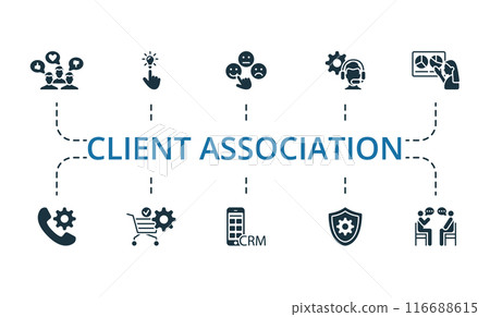 Client Association icon set. Monochrome simple Client Association icon collection. Opinion, Solution, Satisfaction, Service, Presentation, Call Management, Order Management, Mobile Crm, Reliability Client Association icon set. Monochrome simple Client Association icon collection. Opinion, Solution, Satisfaction, Service, Presentation, Call Management, Order Management, Mobile Crm, Reliability 116688615