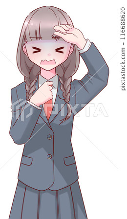一個穿著制服、手放在額頭上的受驚的高中女孩 116688620