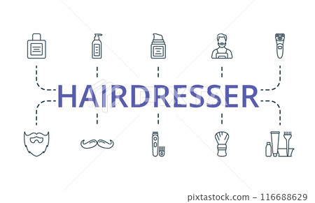 Hairdresser thin line icon set. Monochrome simple Hairdresser icon collection. Shaving Foam, Wax, Hair Gel, Hair Iron, Apron, Beard, Moustache, Trimmer, Shaving Brush, Hair Dye icons. 116688629