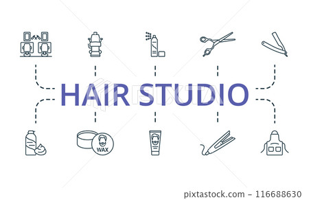 Hair Studio thin line icon set. Monochrome simple Hair Studio icon collection. Barber Shop, Barber Chair Spray, Scissors, Razor, Shaving Foam, Wax, Hair Gel, Hair Iron, Apron icons. 116688630