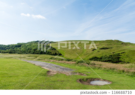 A spacious field and a puddle under a bright blue sky in the suburbs of South Wales 116688710