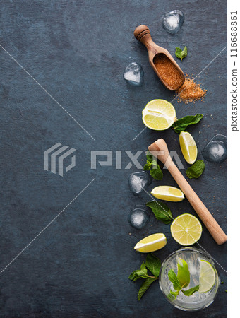 Concept flatlay with ingredients for mojito lemonade Concept flatlay with ingredients for mojito lemonade 116688861