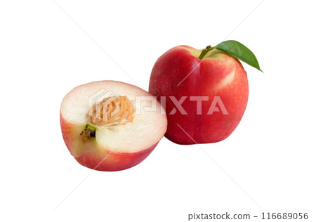 Peach fruit with green leaf on white background. 116689056