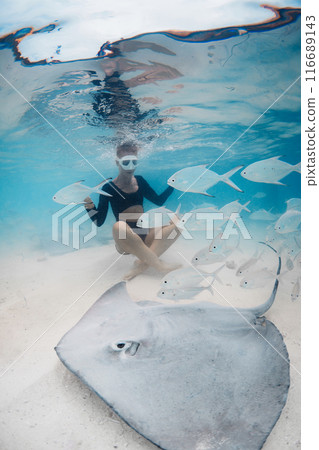 Woman swimming with sting rays in Maldives. Sting ray with fish and woman underwater in blue ocean 116689143