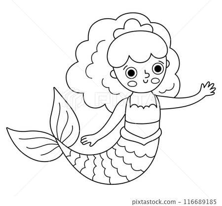 Fairy tale black and white vector mermaid. Fantasy fish girl isolated on white background. Fairytale sea princess. Treasure island, pirate, underwater line icon. Cute girlish siren character, coloring Fairy tale black and white vector mermaid. Fantasy fish girl isolated on white background. Fairytale sea princess. Treasure island, pirate, underwater line icon. Cute girlish siren character, coloring 116689185