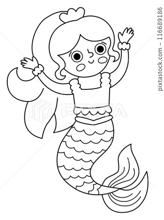 Fairy tale black and white vector mermaid. Fantasy fish girl isolated on white background. Fairytale sea princess with hands up. Treasure island, pirate, underwater line icon. Cute siren coloring 116689186