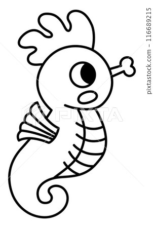 Vector black and white seahorse icon. Under the sea line illustration with cute funny fish. Ocean animal clipart. Cartoon underwater, marine clip art or coloring page for children. Sea horse picture Vector black and white seahorse icon. Under the sea line illustration with cute funny fish. Ocean animal clipart. Cartoon underwater, marine clip art or coloring page for children. Sea horse picture 116689215