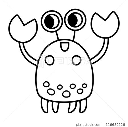 Vector black and white crab icon. Under the sea line illustration with cute funny ocean animal. Cartoon underwater, marine or mermaid clipart or coloring page for children Vector black and white crab icon. Under the sea line illustration with cute funny ocean animal. Cartoon underwater, marine or mermaid clipart or coloring page for children 116689226