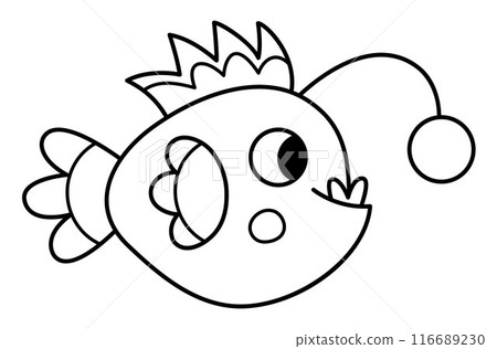 Vector black and white angler fish icon. Under the sea line illustration or coloring page with cute funny creature with lamp. Ocean animal clipart. Cartoon underwater or marine clip art for children 116689230