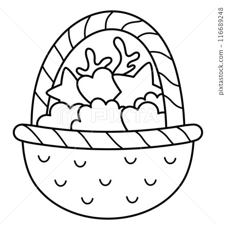 Vector black and white basket with seashells, sea stars and seaweeds. Ocean harvest line icon or coloring page. Summer, underwater, ocean life clipart. Mermaid illustration for kids 116689248