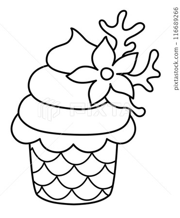Vector black and white cup cake with flower, seaweeds, fish scales. Cute marine cupcake. Mermaid, underwater princess dessert. Cartoon ocean or sea sweet food line illustration, coloring page Vector black and white cup cake with flower, seaweeds, fish scales. Cute marine cupcake. Mermaid, underwater princess dessert. Cartoon ocean or sea sweet food line illustration, coloring page 116689266
