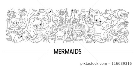 Vector black and white horizontal mermaids set. Underwater line kingdom card template, coloring page with ocean princess, prince. Marine fairytale characters for kids. Cute water border with sirens Vector black and white horizontal mermaids set. Underwater line kingdom card template, coloring page with ocean princess, prince. Marine fairytale characters for kids. Cute water border with sirens 116689316