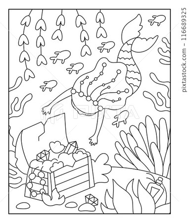 Vector black and white landscape illustration with mermaid swimming to treasure chest. Ocean or sea kingdom top view line scene with marine princess. Fairytale background or coloring page for kids 116689325