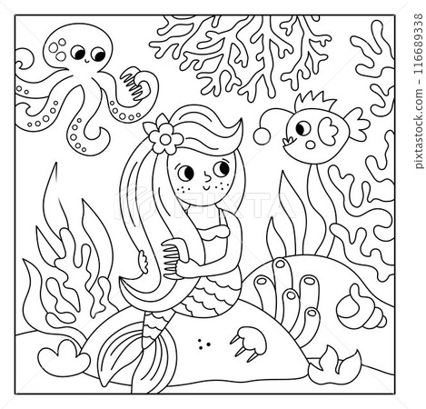 Vector black and white landscape illustration with mermaid sitting on the rock combing hair. Ocean or sea kingdom line scene with seaweeds, octopus, marine princess. Square fairytale coloring page Vector black and white landscape illustration with mermaid sitting on the rock combing hair. Ocean or sea kingdom line scene with seaweeds, octopus, marine princess. Square fairytale coloring page 116689338