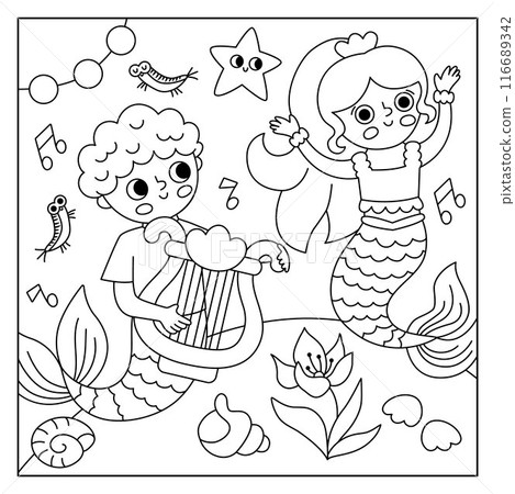 Vector black and white landscape illustration with dancing mermaid and boy playing harp. Ocean or sea kingdom line scene with seaweeds, starfish, marine princess, prince. Square fairytale coloring 116689342