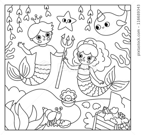 Vector black and white landscape illustration with mermaid and boy with trident, crown. Ocean or sea kingdom line scene with marine princess, prince, treasure chest. Square fairytale coloring page 116689343