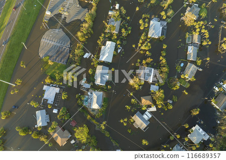 Flooded houses by hurricane Ian rainfall in Florida residential area. Consequences of natural disaster 116689357