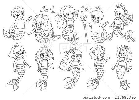 Vector black and white mermaids set. Underwater kingdom line collection with ocean princess, prince. Cartoon marine fairytale coloring page for kids. Water adventures clipart with sirens, mermen 116689380