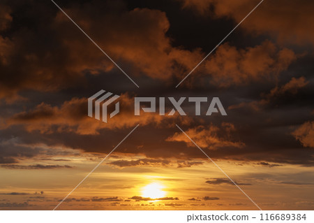 Dramatic sunset sky covered with colorful yellow clouds. Panoramic skyscape Dramatic sunset sky covered with colorful yellow clouds. Panoramic skyscape 116689384