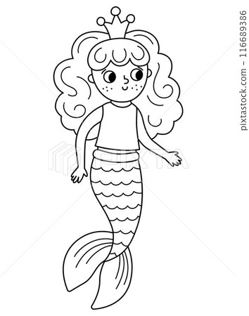 Fairy tale black and white vector mermaid. Fantasy fish girl isolated on white background. Fairytale sea princess. Treasure island, pirate, underwater adventure line icon. Cute girlish siren coloring Fairy tale black and white vector mermaid. Fantasy fish girl isolated on white background. Fairytale sea princess. Treasure island, pirate, underwater adventure line icon. Cute girlish siren coloring 116689386