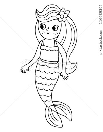 Fairy tale black and white vector mermaid. Fantasy fish girl isolated on white background. Fairytale sea princess. Treasure island, pirate, underwater adventure line icon. Cute girlish siren coloring Fairy tale black and white vector mermaid. Fantasy fish girl isolated on white background. Fairytale sea princess. Treasure island, pirate, underwater adventure line icon. Cute girlish siren coloring 116689395