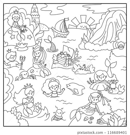 Vector black and white mermaid landscape illustration. Marine prince and princess lagoon coloring page with waterfall, lighthouse, ship, treasure chest. Fairytale ocean kingdom square scene 116689401