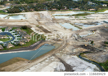 Construction site with building equipment on prepared ground in American suburbs. Aerial view of large development area of residential housing. Real estate market in the USA 116689429