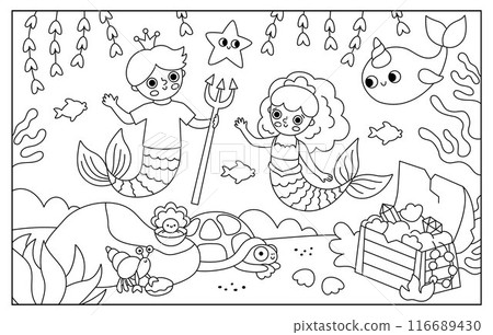 Vector black and white landscape illustration with mermaid and boy with trident, crown. Ocean or sea kingdom line scene with marine princess, prince, treasure chest. Horizontal fairytale coloring 116689430