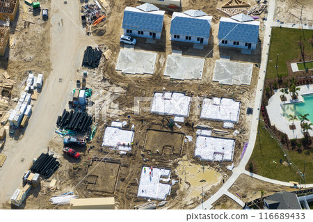 Construction in new developing suburban area. Development of residential housing in American suburbs. Real estate market in the USA 116689433